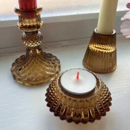Amber Glass Candle Set Of 3 With Vegan Candles Warm Honey Taper & Tealight Holders Cosy Autumn Decor Housewarming Offering Altar Gift - thumbnail 2