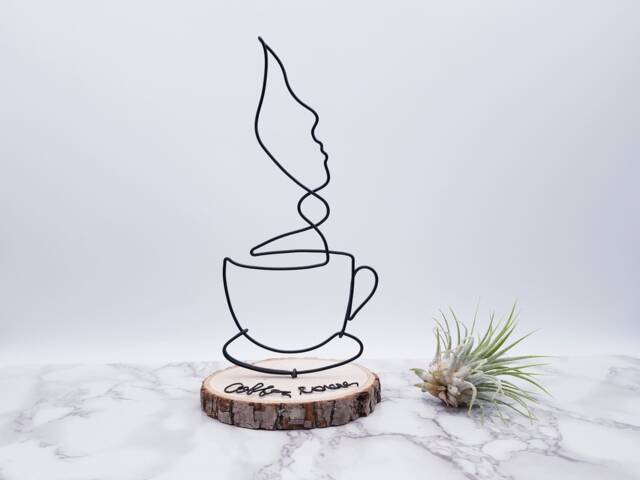Aluminum Wire Coffee Cup Sculpture, Abstract Face On Basswood Coaster, Kitchen Art - image 1