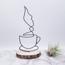 Aluminum Wire Coffee Cup Sculpture, Abstract Face On Basswood Coaster, Kitchen Art - thumbnail 2