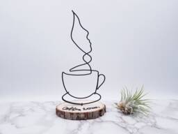 Aluminum Wire Coffee Cup Sculpture, Abstract Face On Basswood Coaster, Kitchen Art - thumbnail 1