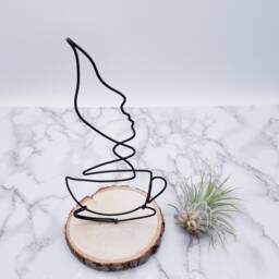 Aluminum Wire Coffee Cup Sculpture, Abstract Face On Basswood Coaster, Kitchen Art - thumbnail 3