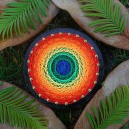 Uv Psychedelic Tiny Rainbow Mandala String Art, 8cm/3 Inches, Handmade Wall Art, 3D, Black Light, Home Decor, Wall Hanging, Yoga, Thread&nails - thumbnail 1