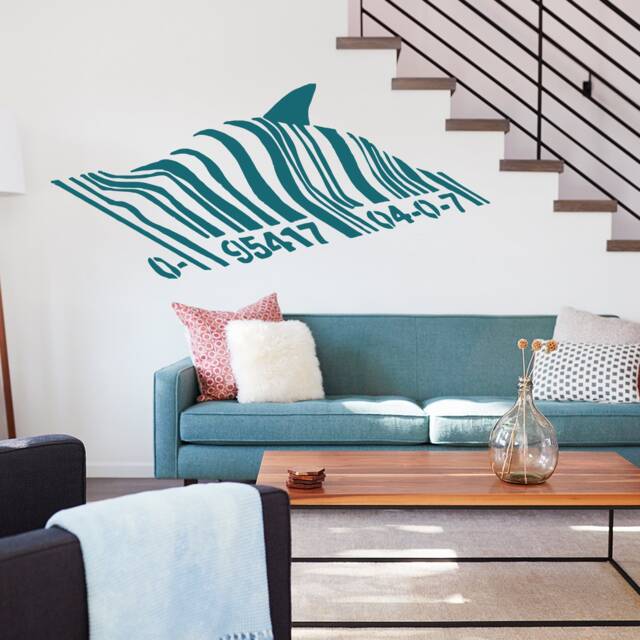 Banksy Barcode Shark Wall Sticker - Swimming Fish Under Bar Code Vinyl Decal Graffiti Street Art Decor Removable Stickers Decals Deca - image 1