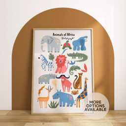 Animals Of Africa Print -- Safari Nursery Print, Decor, Scandi Jungle Bedroom, Unframed - thumbnail 1