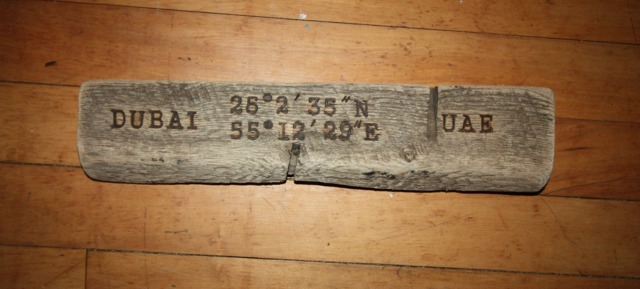 "Handmade Wood Burned Driftwood Sign, Wall Hanging, Home Decor, Message Reads Dubai, Uae, 25 2' 35""N 55 12' 29" - image 1