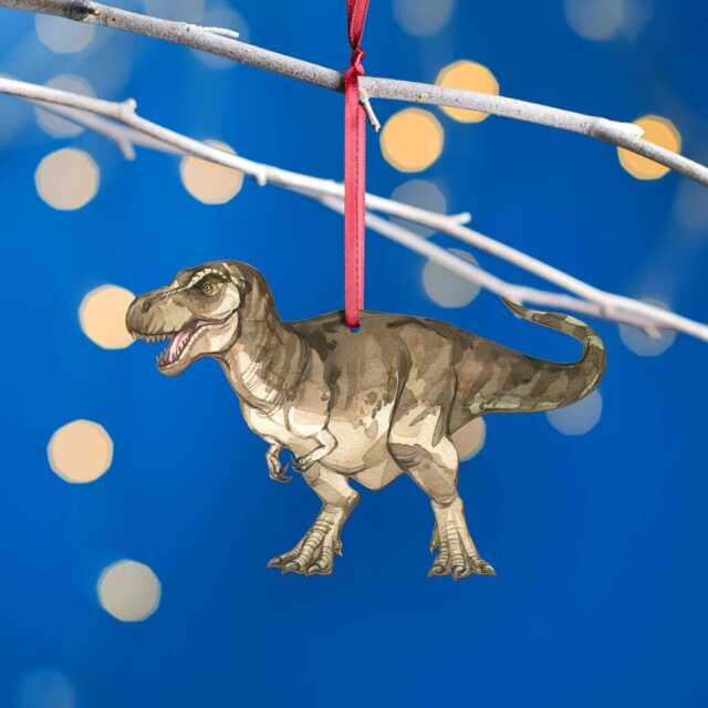 Wooden Tyrannosaurus Dinosaur Christmas Tree Decoration, Birch Plywood Lover Gift, Keepsake, Watercolour Art - image 1