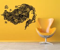 Girl Long Wavy Hair Rose Bedroom Decor With Large Flower Wall Stickers - Custom Decal For Girl Bedroom Vg033 - thumbnail 1