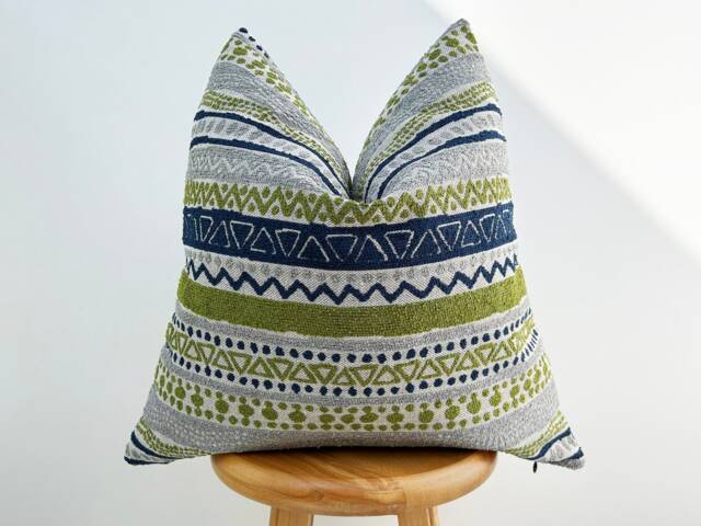 Boho Textured Cotton Pillow Cover, Blue Green Stripes, Euro Sham - image 1
