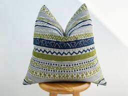 Boho Textured Cotton Pillow Cover, Blue Green Stripes, Euro Sham - thumbnail 1