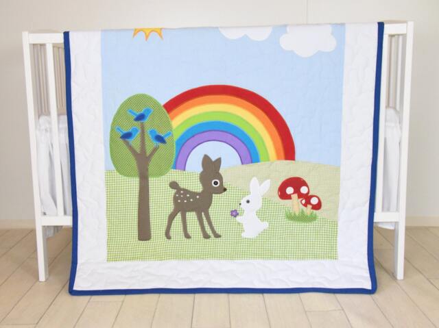 Rainbow Baby Blanket, Boy Or Girl Crib Bedding, Forest Nursery Quilt, Cute Bunny, Fawn Blanket - image 1