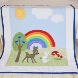 Rainbow Baby Blanket, Boy Or Girl Crib Bedding, Forest Nursery Quilt, Cute Bunny, Fawn Blanket - thumbnail 2