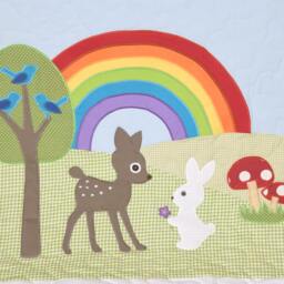 Rainbow Baby Blanket, Boy Or Girl Crib Bedding, Forest Nursery Quilt, Cute Bunny, Fawn Blanket - thumbnail 3