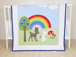 Rainbow Baby Blanket, Boy Or Girl Crib Bedding, Forest Nursery Quilt, Cute Bunny, Fawn Blanket - thumbnail 1