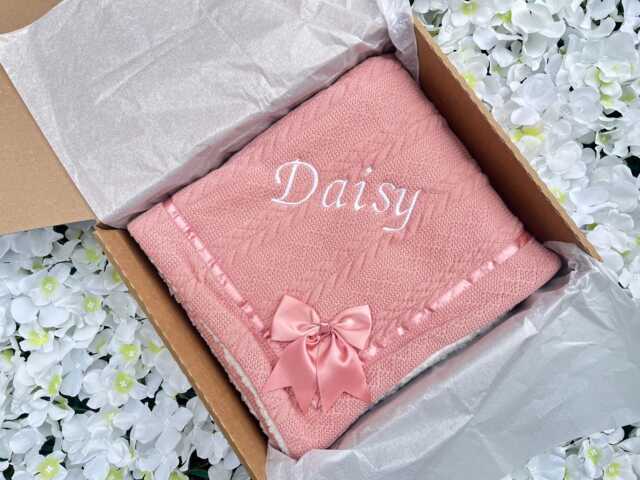 Personalised Baby Blanket in Gift Box Knitted With Bow Embroidered Name Newborn Gift Baby Shower - image 1