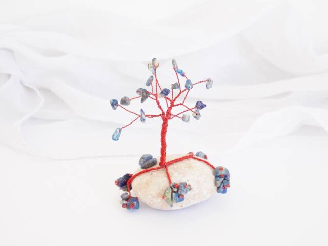Lapis Lazuli Gemstone Tree Sculpture, Copper Wire, Greek Pebble Base - image 1