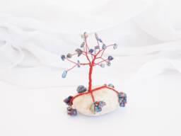 Lapis Lazuli Gemstone Tree Sculpture, Copper Wire, Greek Pebble Base - thumbnail 1