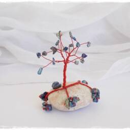 Lapis Lazuli Gemstone Tree Sculpture, Copper Wire, Greek Pebble Base - thumbnail 2