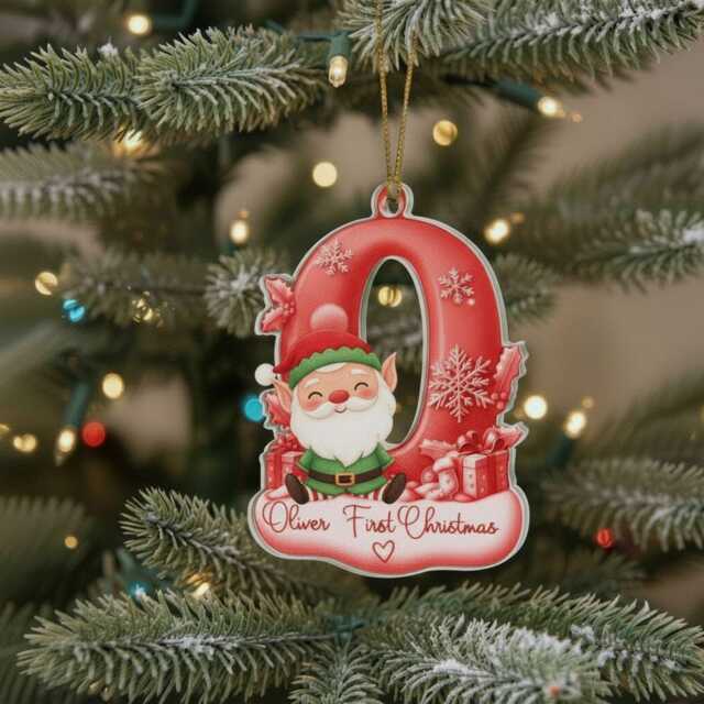 Personalised Christmas Ornament - Custom Name & Initial Acrylic Decoration With Elf & Gifts, Kids Keepsake 2025 - image 1