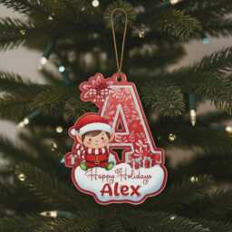Personalised Christmas Ornament - Custom Name & Initial Acrylic Decoration With Elf & Gifts, Kids Keepsake 2025 - thumbnail 2