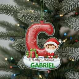 Personalised Christmas Ornament - Custom Name & Initial Acrylic Decoration With Elf & Gifts, Kids Keepsake 2025 - thumbnail 3