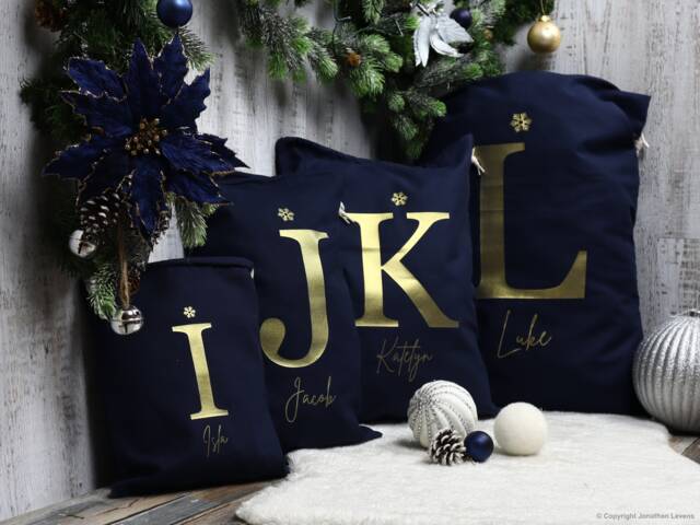 Personalised Navy Blue Santa Sack - 100% Cotton With Gold & Glitter Print Xmas Stocking - image 1