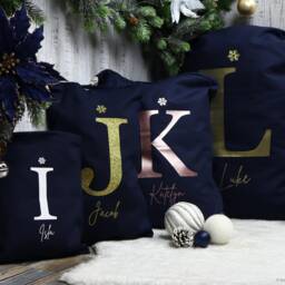 Personalised Navy Blue Santa Sack - 100% Cotton With Gold & Glitter Print Xmas Stocking - thumbnail 3