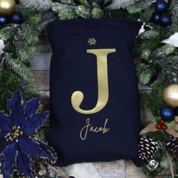 Personalised Navy Blue Santa Sack - 100% Cotton With Gold & Glitter Print Xmas Stocking - thumbnail 2