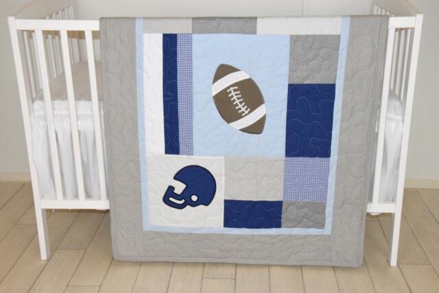 Football Blanket, Baby Boy Sports Crib Bedding, Gray Blue Comforter, Nursery - image 1