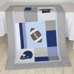 Football Blanket, Baby Boy Sports Crib Bedding, Gray Blue Comforter, Nursery - thumbnail 2
