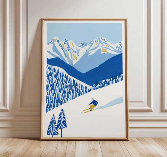 Skiing Wall Art Print, Alpine Mountain Poster, Winter Sports Decor, Blue Snow Landscape Ski Decor - image 1