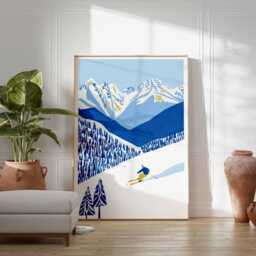 Skiing Wall Art Print, Alpine Mountain Poster, Winter Sports Decor, Blue Snow Landscape Ski Decor - thumbnail 2