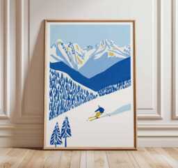 Skiing Wall Art Print, Alpine Mountain Poster, Winter Sports Decor, Blue Snow Landscape Ski Decor - thumbnail 1