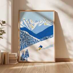 Skiing Wall Art Print, Alpine Mountain Poster, Winter Sports Decor, Blue Snow Landscape Ski Decor - thumbnail 3