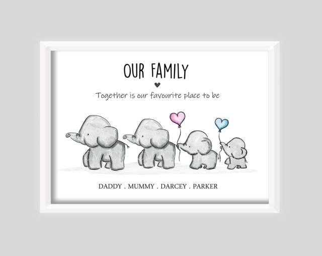 Personalised Elephant Family Print Gift New Baby Birth Up To 4 Children Only Unframed Black & White Pink Blue Balloon Girl Boy - image 1