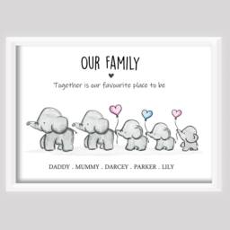 Personalised Elephant Family Print Gift New Baby Birth Up To 4 Children Only Unframed Black & White Pink Blue Balloon Girl Boy - thumbnail 3
