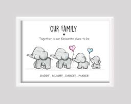 Personalised Elephant Family Print Gift New Baby Birth Up To 4 Children Only Unframed Black & White Pink Blue Balloon Girl Boy - thumbnail 1