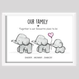 Personalised Elephant Family Print Gift New Baby Birth Up To 4 Children Only Unframed Black & White Pink Blue Balloon Girl Boy - thumbnail 2