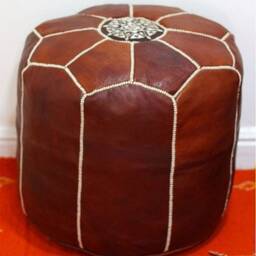 Tall Moroccan Leather Pouf Ottoman, Handmade Tan Footstool, Large Boho With White Stitching, Authentic Floor Cushion Seat - thumbnail 3