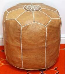 Tall Moroccan Leather Pouf Ottoman, Handmade Tan Footstool, Large Boho With White Stitching, Authentic Floor Cushion Seat