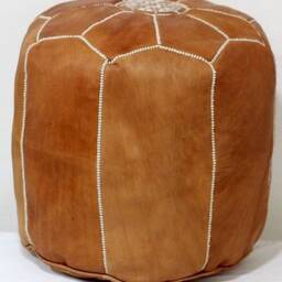 Tall Moroccan Leather Pouf Ottoman, Handmade Tan Footstool, Large Boho With White Stitching, Authentic Floor Cushion Seat - thumbnail 2