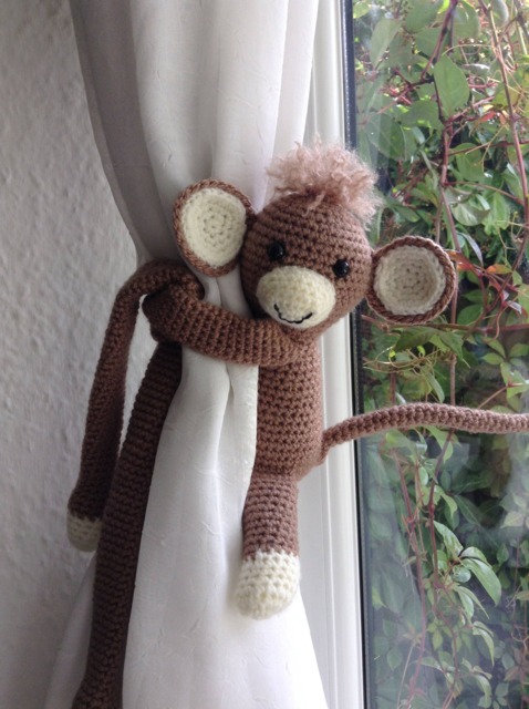 Crocheted Monkey Curtain Tie Back, Nursery Decor - image 1