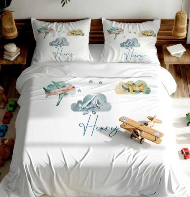 Personalised Watercolour Airplane Kids Duvet Set, Custom Name Aviation Bedding - image 1
