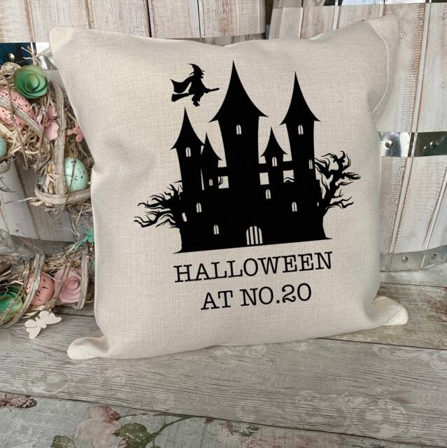 Personalised Halloween Gifts, Decor, Decorations, Haunted House Cushion, Cushion Cover, Party Idea - image 1