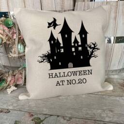 Personalised Halloween Gifts, Decor, Decorations, Haunted House Cushion, Cushion Cover, Party Idea - thumbnail 1