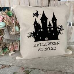 Personalised Halloween Gifts, Decor, Decorations, Haunted House Cushion, Cushion Cover, Party Idea - thumbnail 3