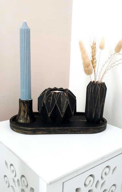 Handmade Black & Gold Candle Holder Set Geometric Home Decor - image 1