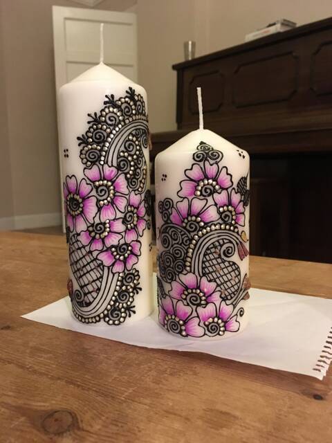 Hand Painted Personalised Scented Mendhi Henna Pillar Candles Set Of 2. Customisable - image 1