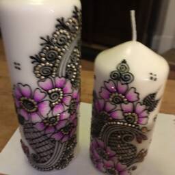 Hand Painted Personalised Scented Mendhi Henna Pillar Candles Set Of 2. Customisable - thumbnail 3