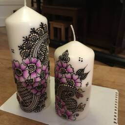 Hand Painted Personalised Scented Mendhi Henna Pillar Candles Set Of 2. Customisable - thumbnail 2