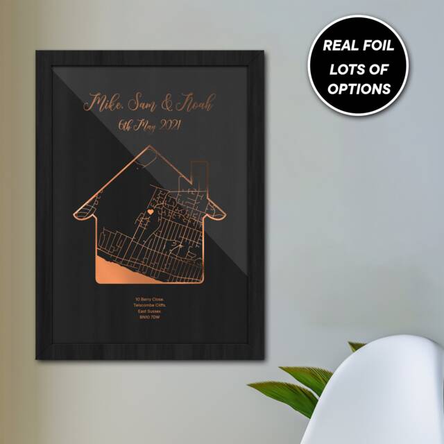 Genuine Gold Foiled Personalised Home Map Location Print/New Framed Or Unframed House Warming Gift - image 1